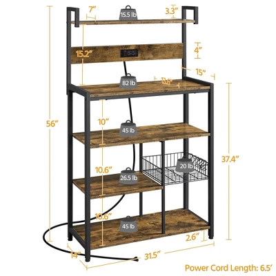 Yaheetech 5-Tier 56" H Baker’s Rack With Wire Basket & Power Outlets, Rustic Brown 2 Yaheetech 5-Tier 56" H Baker’s Rack With Wire Basket & Power Outlets, Rustic Brown - Image 2