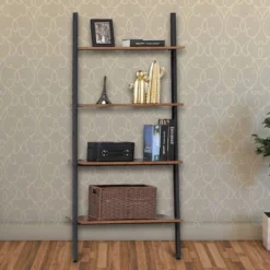 59.1" Rustic Ladder Style Iron Bookcase With Four Wooden Shelves Brown - Benzara