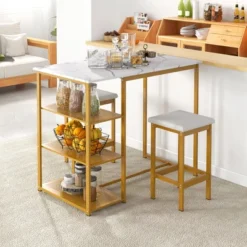 Costway 3PCS Bar Table Set Kitchen Counter Height Table 2 Stools Space Saving With Storage