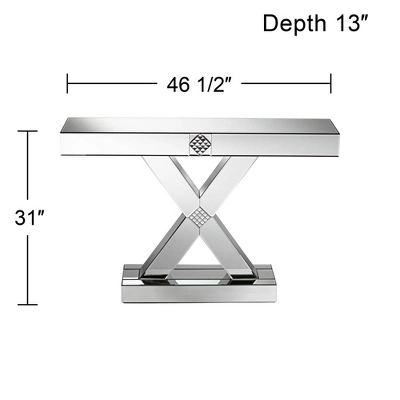 Studio 55D Modern Mirrored Rectangular Console Table 46 1/2" X 13" Silver Glass Mosaic X-Frame For Living Room Home House Entryway 7 Studio 55D Modern Mirrored Rectangular Console Table 46 1/2" X 13" Silver Glass Mosaic X-Frame For Living Room Home House Entryway - Image 7