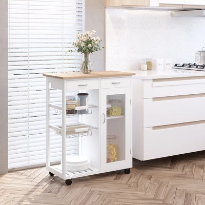 HOMCOM 28" Rolling Kitchen Trolley Serving Cart Storage Cabinet Bamboo Top With Wire Basket & Door Cabinet & Drawers, White 1 HOMCOM 28" Rolling Kitchen Trolley Serving Cart Storage Cabinet Bamboo Top With Wire Basket & Door Cabinet & Drawers, White