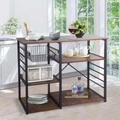 Wood And Metal Bakers Rack With 4 Shelves And Wire Basket Brown/Black - Benzara 14 Wood And Metal Bakers Rack With 4 Shelves And Wire Basket Brown/Black - Benzara -Furniture Haven Shop GUEST 95eb2ce4 d59f 45a6 85a9 d9cb36f56ba4