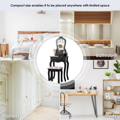 Tangkula Vanity Mirror Makeup Dressing Table Set W/ Stool Drawer Wood Desk 3 Tangkula Vanity Mirror Makeup Dressing Table Set W/ Stool Drawer Wood Desk - Image 3