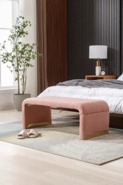 Lily 43.31" Faux Shearling Fabric Look Upholstered Waterfall Bench With Gold Metal Legs-Maison Boucle -Furniture Haven Shop GUEST 99d63065 83b4 410f a0fd 40ed14ded827