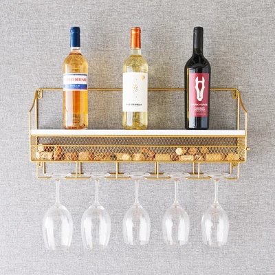 Twine Gold Wall Mounted Wine Rack, Holds 8 Standard Wine Bottles, Wood And Cast Iron, Cork Storage, Holds 5 Wine Glasses, Gold Finish 1 Twine Gold Wall Mounted Wine Rack, Holds 8 Standard Wine Bottles, Wood And Cast Iron, Cork Storage, Holds 5 Wine Glasses, Gold Finish
