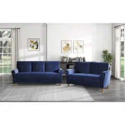 Dunleith Modern Contemporary Velvet Tufted Loveseat In Blue And Walnut - Lexicon -Furniture Haven Shop GUEST a6536f29 9d72 4914 b046 c4bdabedf6a5