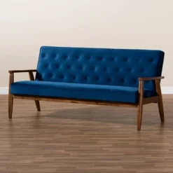 Sorrento Velvet Upholstered Wooden 3 Seater Sofa Navy Blue/Brown - Baxton Studio -Furniture Haven Shop GUEST aa493472 482c 4a2d b6db d54efff3bf0f