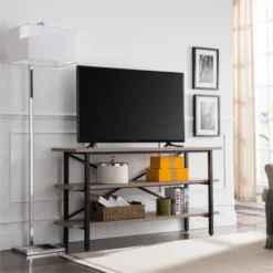 Triple Shelf Metal X-Accent TV Stand With Gray Oak Wood Shelves - Henn&Hart