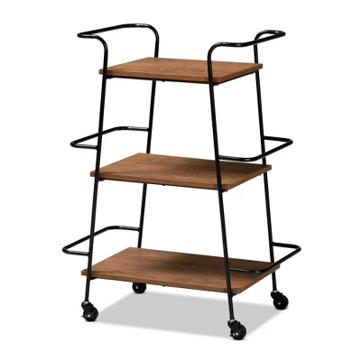 Small Bernard Rustic Industrial Metal And Wood 3 Tier Mobile Wine Bar Cart Black/Walnut - Baxton Studio 3 Small Bernard Rustic Industrial Metal And Wood 3 Tier Mobile Wine Bar Cart Black/Walnut - Baxton Studio - Image 3