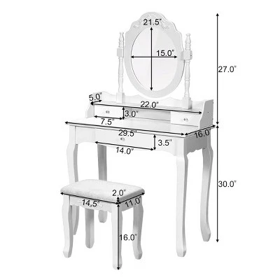 Costway White Vanity Wood Makeup Dressing Table Stool 3 Drawer 3 Costway White Vanity Wood Makeup Dressing Table Stool 3 Drawer - Image 3