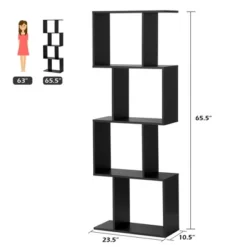 Costway 4-tier S-Shaped Bookcase Free Standing Storage Rack Wooden Display Decor Black