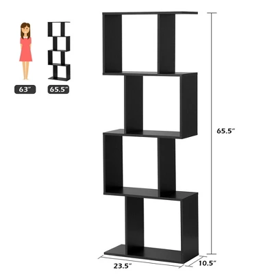 Costway 4-tier S-Shaped Bookcase Free Standing Storage Rack Wooden Display Decor Black 1 Costway 4-tier S-Shaped Bookcase Free Standing Storage Rack Wooden Display Decor Black