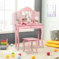 Costway Kids Vanity Table & Stool Princess Dressing Make Up Play Set For Girls Pink -Furniture Haven Shop GUEST b48518ee a593 4270 991b f0a49adef908