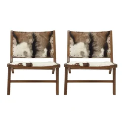 Set Of 2 Rustic Goat Leather And Teak Accent Chairs Brown - Olivia & May -Furniture Haven Shop GUEST b5943642 14c3 44e2 836d fe31555af979