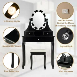 Costway Bedroom Vanity Set Makeup Dressing Table W/3 Drawers 10 LED Bulb Black -Furniture Haven Shop GUEST bb59c28e 65a9 43c3 9273 0be105942c37