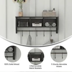 Emma And Oliver Rustic Country Wall Mounted Shelf With 5 Adjustable Sliding Hooks And Three Wire Storage Baskets 17 Emma And Oliver Rustic Country Wall Mounted Shelf With 5 Adjustable Sliding Hooks And Three Wire Storage Baskets -Furniture Haven Shop GUEST bc3f8ae2 be25 4834 ab5b bb746a74dc15