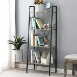 LuxenHome 4-Shelf 58.3" X 23.62" W Wood And Metal Ladder Bookcase. 25 LuxenHome 4-Shelf 58.3" X 23.62" W Wood And Metal Ladder Bookcase. -Furniture Haven Shop GUEST bc80e133 557d 4efd 8608 60a678f31d50