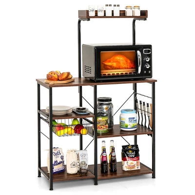 Costway 4-Tier Vintage Kitchen Baker's Rack Utility Microwave Stand W/ Basket & 5 Hooks 12 Costway 4-Tier Vintage Kitchen Baker's Rack Utility Microwave Stand W/ Basket & 5 Hooks - Image 12