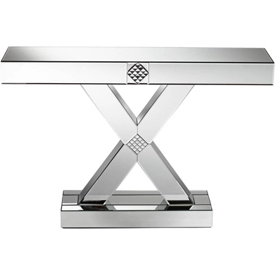 Studio 55D Modern Mirrored Rectangular Console Table 46 1/2" X 13" Silver Glass Mosaic X-Frame For Living Room Home House Entryway 5 Studio 55D Modern Mirrored Rectangular Console Table 46 1/2" X 13" Silver Glass Mosaic X-Frame For Living Room Home House Entryway - Image 5