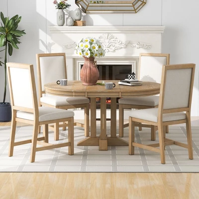 5-Piece Dining Set With Extendable Round Table And 4 Upholstered Chairs - ModernLuxe 1 5-Piece Dining Set With Extendable Round Table And 4 Upholstered Chairs - ModernLuxe