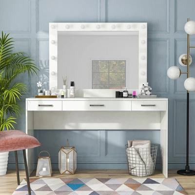 2pc Grayde 3 Drawer Vanity Table And Mirror Set With Bulbs And USB Ports Luminous White - MiBasics 1 2pc Grayde 3 Drawer Vanity Table And Mirror Set With Bulbs And USB Ports Luminous White - MiBasics