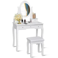 Costway Bedroom Wooden Mirrored Makeup Vanity Set Stool Table Set White 5 Drawers -Furniture Haven Shop GUEST ca03e438 4e38 4409 a883 e28510562ced
