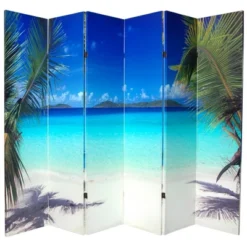 6' Tall Double Sided Beach Canvas Room Divider 6 Panel - Oriental Furniture