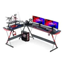MOTPK L-Shaped Carbon Fiber Computer Gaming Desk With Raised Monitor Shelf, Built In Cup Holder, Headphone Hook, & Y-Shape Metal Frame -Furniture Haven Shop GUEST d0fe5992 7ac9 43fd 8fc0 40ab49546820