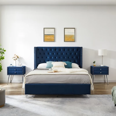 Button-Tufted Platform Bed With One Nightstand - ModernLuxe 1 Button-Tufted Platform Bed With One Nightstand - ModernLuxe