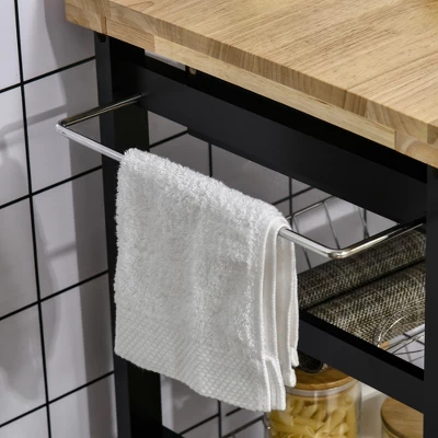 HOMCOM 3-Tier Utility Kitchen Cart With Handle Bar, Steel Basket Rolling Cart, Food Storage Service Trolley With Drawer, Rubber Wood Top, Black 4 HOMCOM 3-Tier Utility Kitchen Cart With Handle Bar, Steel Basket Rolling Cart, Food Storage Service Trolley With Drawer, Rubber Wood Top, Black - Image 4