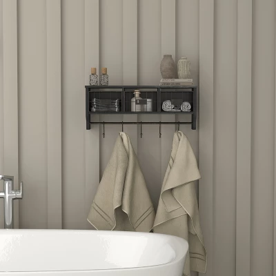 Emma And Oliver Rustic Country Wall Mounted Shelf With 5 Adjustable Sliding Hooks And Three Wire Storage Baskets 4 Emma And Oliver Rustic Country Wall Mounted Shelf With 5 Adjustable Sliding Hooks And Three Wire Storage Baskets - Image 4