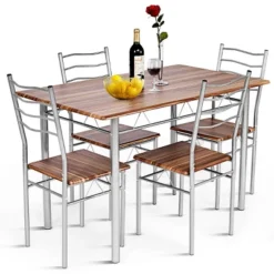 Costway 5 Piece Dining Table Set Wood Metal Kitchen Breakfast Furniture W/4 Chair Walnut -Furniture Haven Shop GUEST dd3a94cb d9e7 46fb a23a 679ae3c0127d
