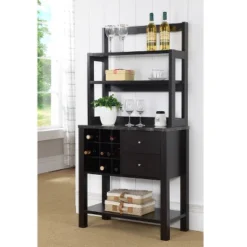 FC Design Two-Toned Baker's Rack Kitchen Utility Storage Cabinet With Wine Rack And Black Faux Marble Top In Red Cocoa Finish