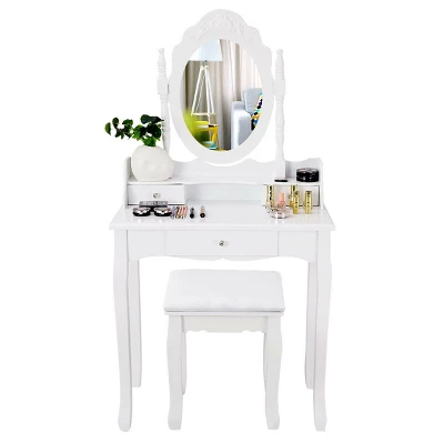 Costway White Vanity Wood Makeup Dressing Table Stool 3 Drawer 7 Costway White Vanity Wood Makeup Dressing Table Stool 3 Drawer - Image 7
