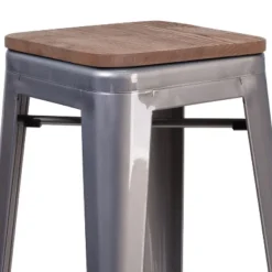 Merrick Lane Set Of 4 30 Inch Tall Clear Coated Gray Metal Bar Counter Stool With Textured Walnut Elm Wood Seat -Furniture Haven Shop GUEST e4db7490 dfd6 422b 8ee5 920c6c6c03b8