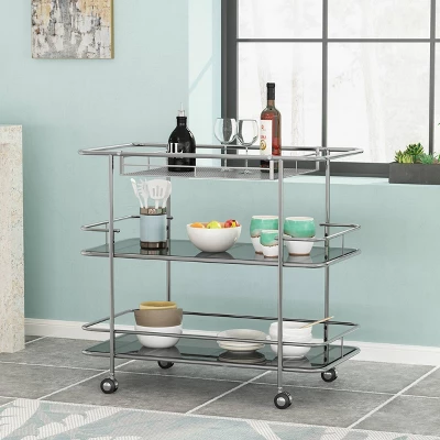 Bridger Modern 3 Tier Bar Cart With Glass Shelving Silver/Black - Christopher Knight Home 1 Bridger Modern 3 Tier Bar Cart With Glass Shelving Silver/Black - Christopher Knight Home
