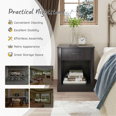 Costway Nightstand With Drawer And Shelf Rustic Wooden Bedside Table Bedroom Brown / Natural / Black 7 Costway Nightstand With Drawer And Shelf Rustic Wooden Bedside Table Bedroom Brown / Natural / Black - Image 7