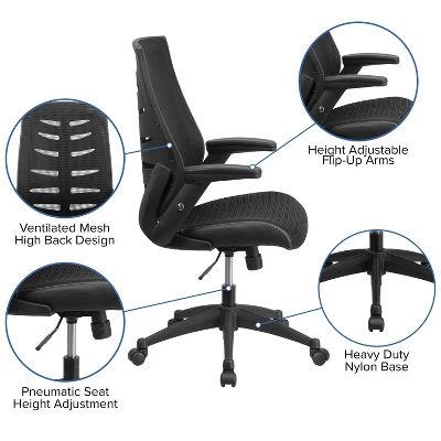 Emma And Oliver High Back Black Mesh Swivel Ergonomic Office Chair With Adjustable Flip-Up Arms 2 Emma And Oliver High Back Black Mesh Swivel Ergonomic Office Chair With Adjustable Flip-Up Arms - Image 2