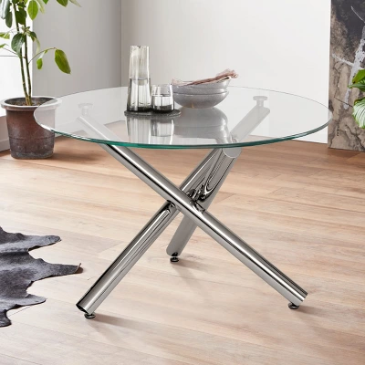 Eileen 43.3 Inch Contemporary Round Dining Table With Clear Tempered Transparent Glass Tabletop And Pedestal Legs-The Pop Maison 1 Eileen 43.3 Inch Contemporary Round Dining Table With Clear Tempered Transparent Glass Tabletop And Pedestal Legs-The Pop Maison