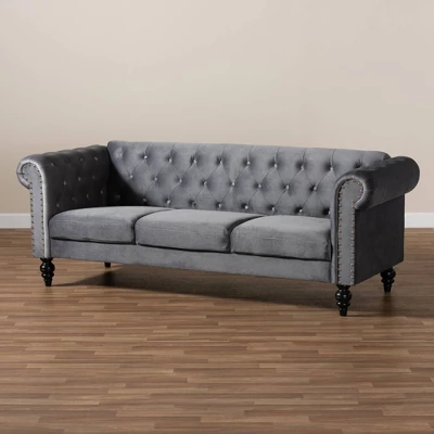 Emma Velvet Upholstered Button Tufted Chesterfield Sofa - Baxton Studio 8 Emma Velvet Upholstered Button Tufted Chesterfield Sofa - Baxton Studio - Image 8