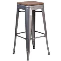 Merrick Lane Set Of 4 30 Inch Tall Clear Coated Gray Metal Bar Counter Stool With Textured Walnut Elm Wood Seat -Furniture Haven Shop GUEST f0dc797e fc97 41ee b19c 373da95f50da