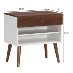 Costway 2PCS Nightstand End Side Table Drawer Storage Shelf Mid-Century Rubber Wood Leg