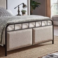 Queen Rathbone Nailhead Trim Upholstered Metal Bed Black/Oatmeal - Inspire Q -Furniture Haven Shop GUEST f8cb5a40 5adf 44f8 8845 8fd1ded6291c