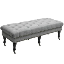 HOMCOM Mobile Upholstered Bench Rolling Button-Tufted Fabric Accent Ottoman With Nailhead Trim & Wheels -Furniture Haven Shop GUEST fe75a4c7 123f 4d54 9fda b9769c50a39b