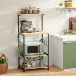 Bestier 4 Tier Shelves Portable Utility Kitchen Storage Baker's Rack Organizer Cart Stand With Adjustable Wheels And Side Hooks, 49 Inch, Oak -Furniture Haven Shop GUEST ff1f125c a194 4fb4 b924 bd1bcc3390ac